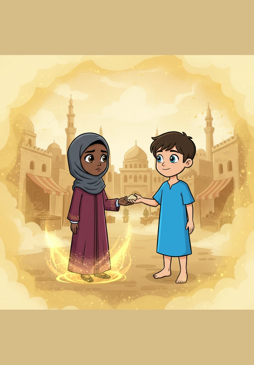 A familiar shimmering light began to dance around Amina’s feet, signaling that her magical journey was coming to an end. Yusuf handed her a small, polished stone as a token of their brief but unforgettable friendship. She felt a bittersweet tug at her heart as the sights and sounds of old Cairo started to dissolve into a golden mist.