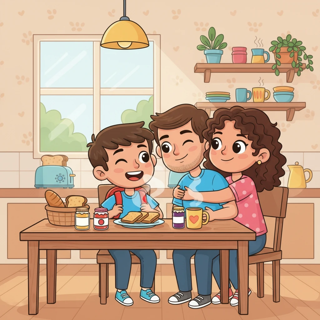 En la cocina, el aroma a tostadas llenaba el aire mientras Leo desayunaba con sus padres. Su papá le guiñó un ojo y su mamá le dio un abrazo extra fuerte, sabiendo que este día era especial. Hablaron de todas las cosas maravillosas que había aprendido y de las nuevas aventuras que le esperaban.