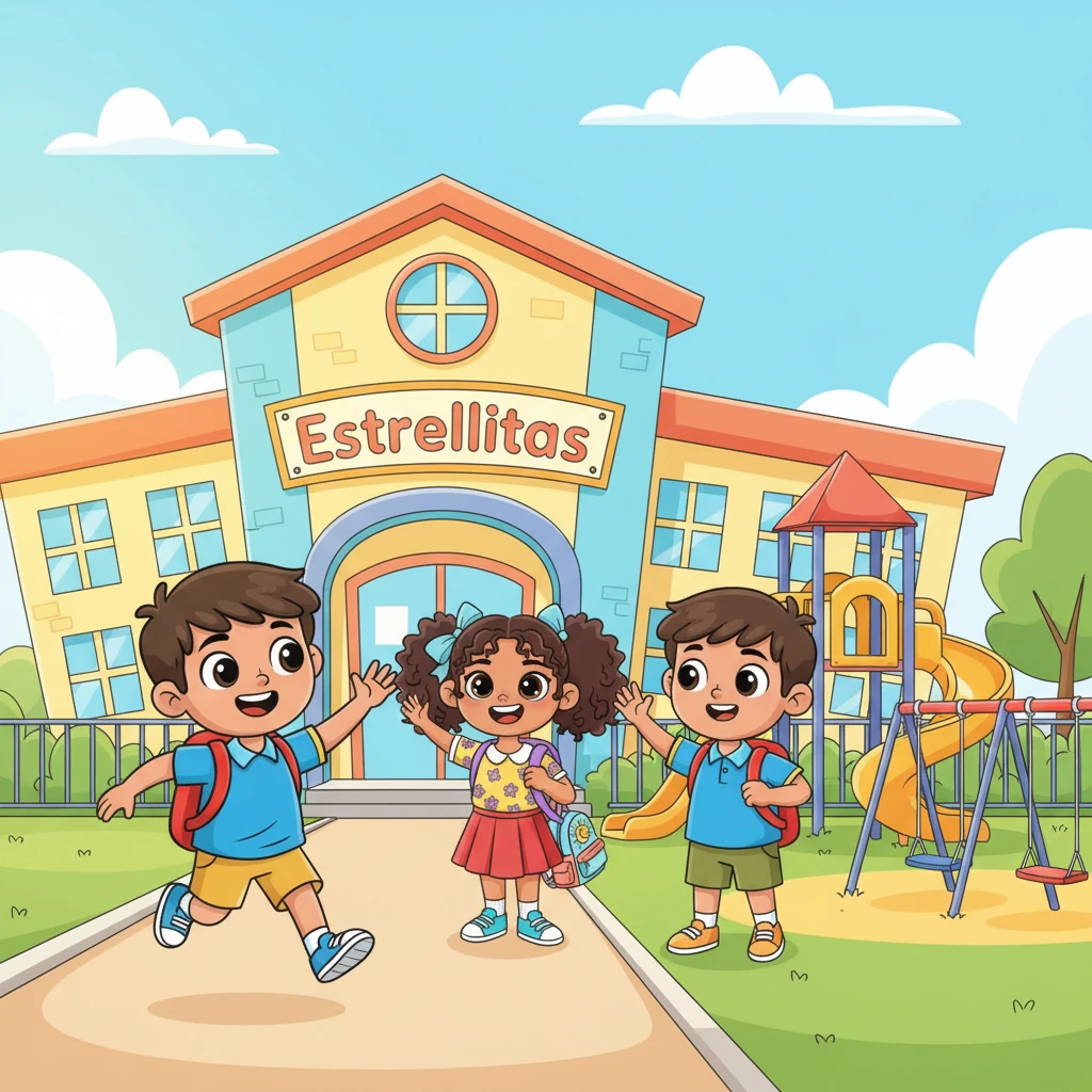 Al llegar a Estrellitas, el edificio parecía brillar más que nunca bajo el sol mañanero. Leo corrió hacia la entrada, donde sus amigos, Mia y Carlos, ya lo esperaban con grandes sonrisas. El patio de juegos, con sus columpios y toboganes de colores, los llamaba a jugar.