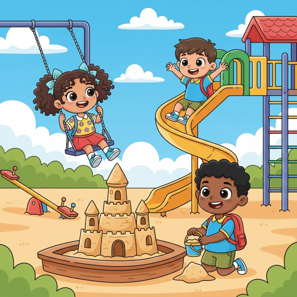 El patio de juegos se llenó de risas y energía mientras Leo y sus amigos se balanceaban tan alto que casi tocaban las nubes. Corrieron por el tobogán con velocidades récord y construyeron una torre de arena tan grande que parecía llegar al cielo. Cada juego se sentía un poco más especial, un recuerdo precioso.