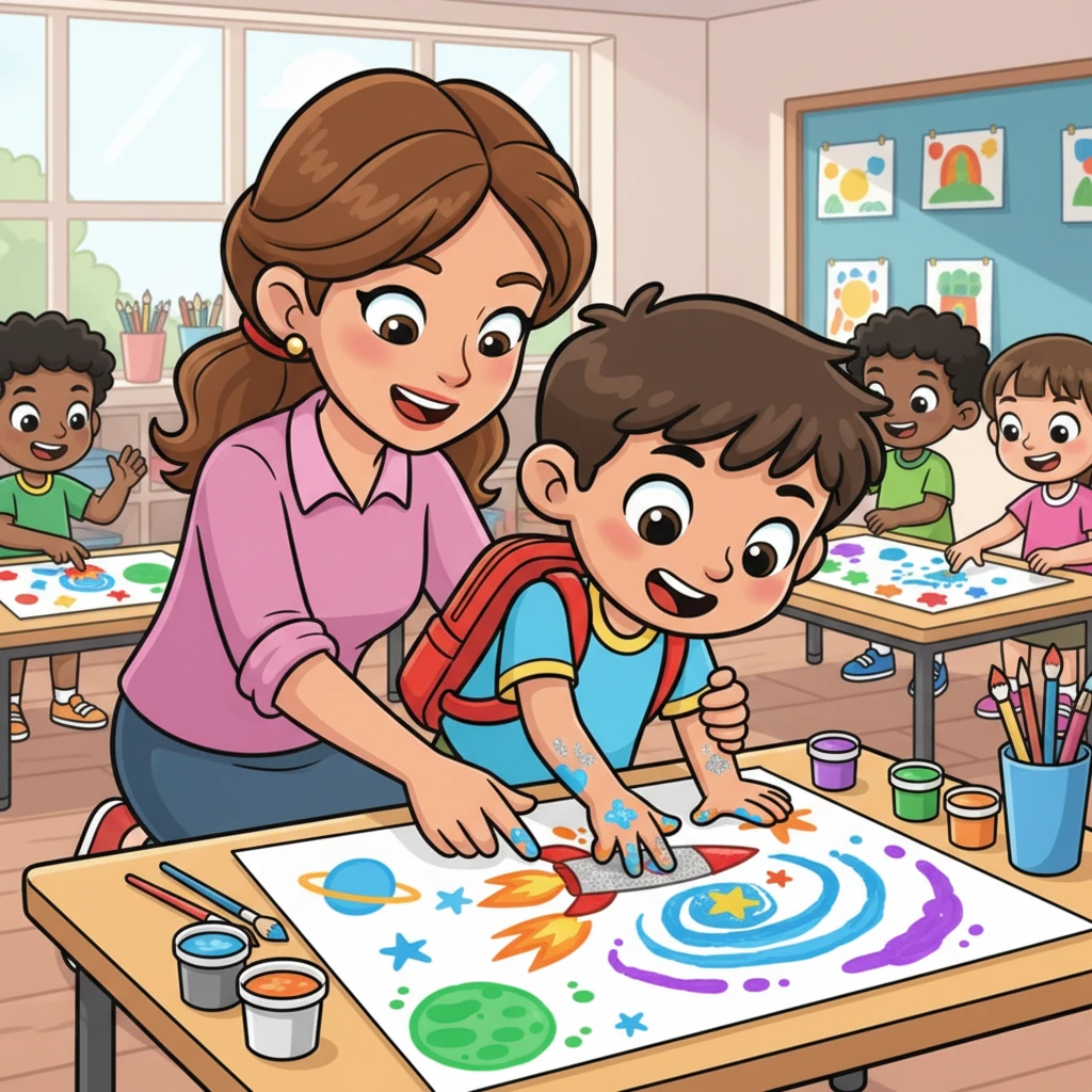 Dentro del aula, Miss Elena los guio en su actividad favorita: pintar con los dedos. Leo mezcló colores brillantes para crear una obra maestra de un cohete espacial volando hacia un nuevo planeta. Las risas y la concentración llenaban el aire mientras cada niño daba rienda suelta a su creatividad.