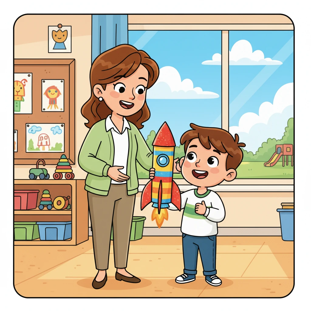 Miss Elena se acercó a Leo con una sonrisa cálida y le felicitó por su vibrante cohete. Ella le recordó lo mucho que había crecido y lo valiente que era para explorar nuevos horizontes. Sus palabras llenaron a Leo de una sensación de orgullo y emoción por su futuro.