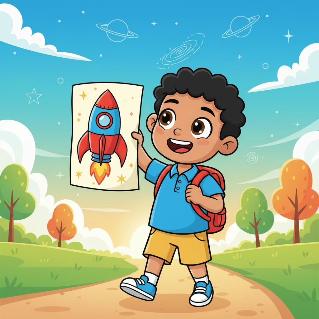 De camino a casa, Leo sostenía su dibujo del cohete espacial, sus colores aún vibrantes. Miró al cielo azul, imaginando todas las estrellas y planetas que podría explorar en su nueva escuela. El camino parecía un poco más largo, dándole tiempo para reflexionar sobre el día.