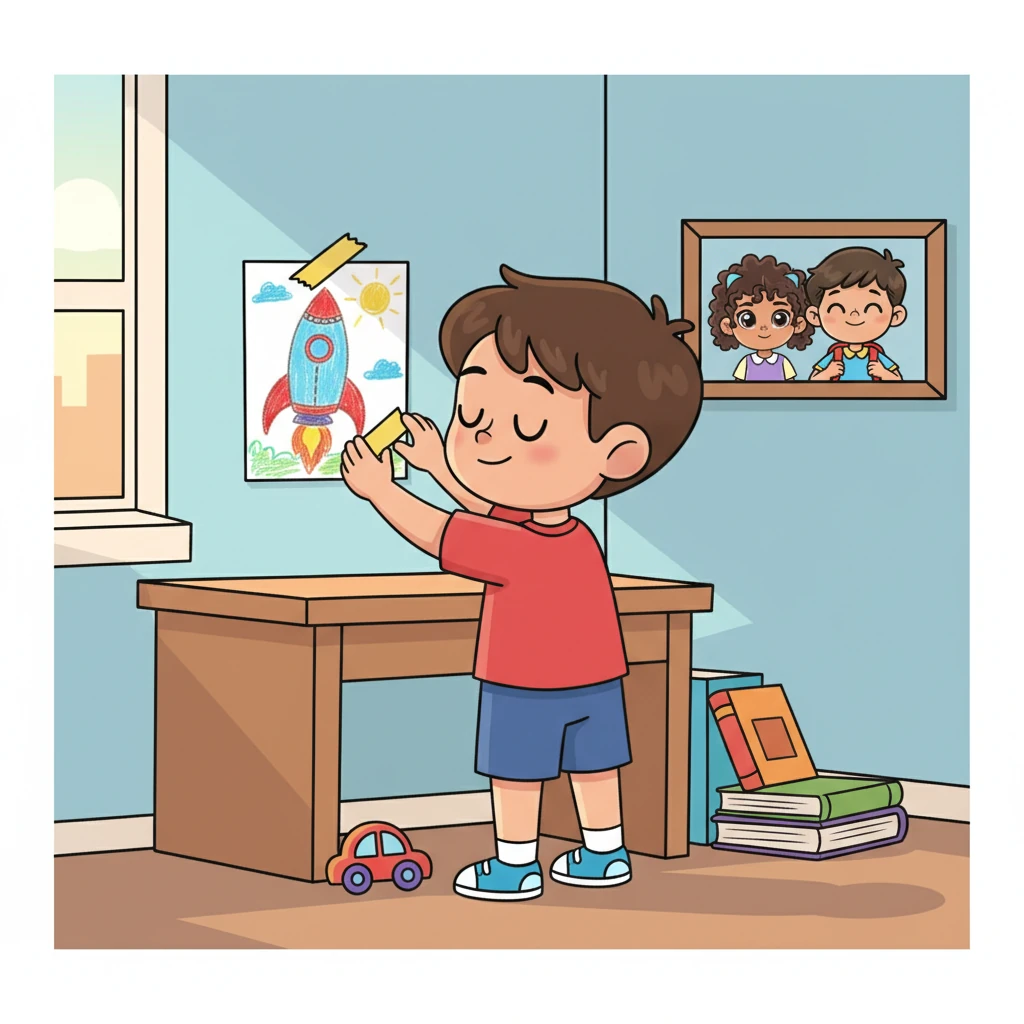 En su habitación, Leo colocó su dibujo del cohete en la pared junto a una foto de sus amigos. Cerró los ojos e imaginó su nueva escuela, llena de nuevos amigos y emocionantes descubrimientos. Se sentía un poco nervioso, pero sobre todo, lleno de curiosidad y ganas de aprender.