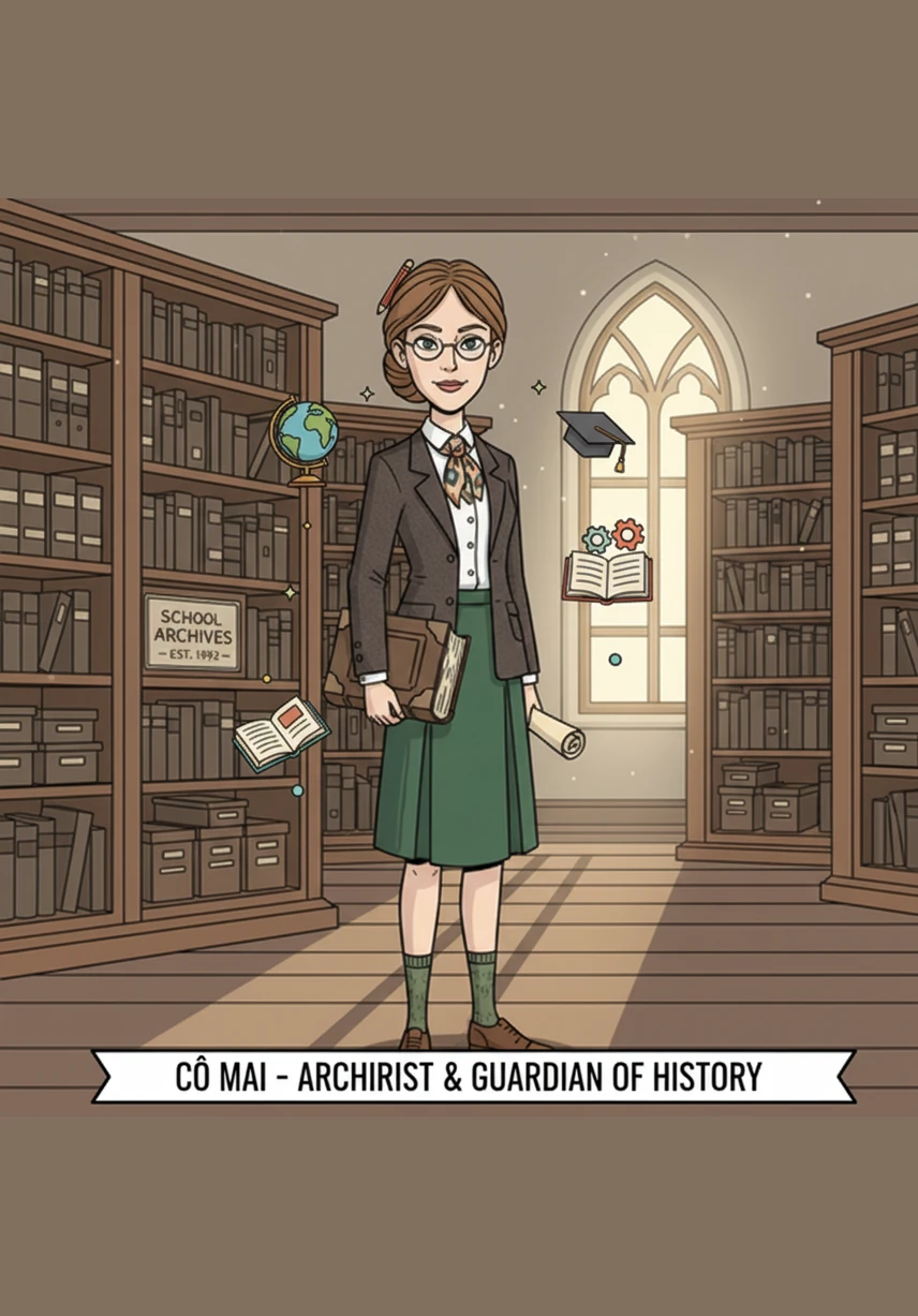 Cô Mai, người cán bộ văn thư tận tụy với mái tóc búi cao, đang nhẹ nhàng sắp xếp những tập hồ sơ dày cộp trên những giá sách cao vút. Ánh nắng xuyên qua cửa sổ chiếu rọi những hạt bụi li ti nhảy múa quanh những trang giấy nhuốm màu thời gian, tạo nên một không gian đầy hoài niệm.