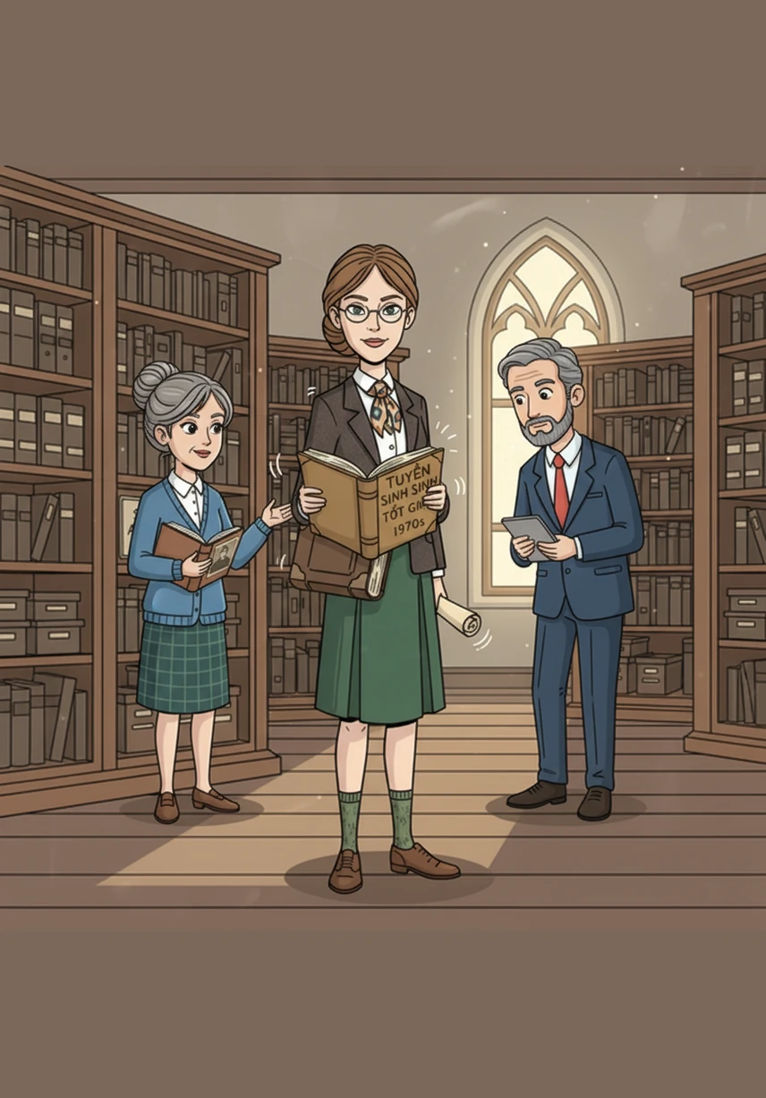 Đôi bàn tay khéo léo của cô Mai lật mở từng trang hồ sơ tuyển sinh và danh sách tốt nghiệp từ nhiều thập kỷ trước. Tiếng sột soạt của giấy cũ vang lên trong không gian tĩnh mịch, gợi nhắc về những thế hệ thầy cô và học trò đã từng miệt mài đèn sách dưới mái trường này.