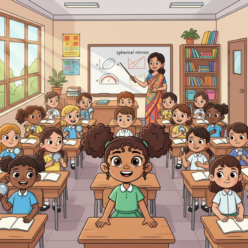 Priya, a bright-eyed girl in a pista green uniform, sat in a bustling classroom filled with forty students. The room was a vibrant mix of boys and girls, all eager to learn. Today's lesson, led by their kind teacher in a beautiful sari, was about spherical mirrors.
