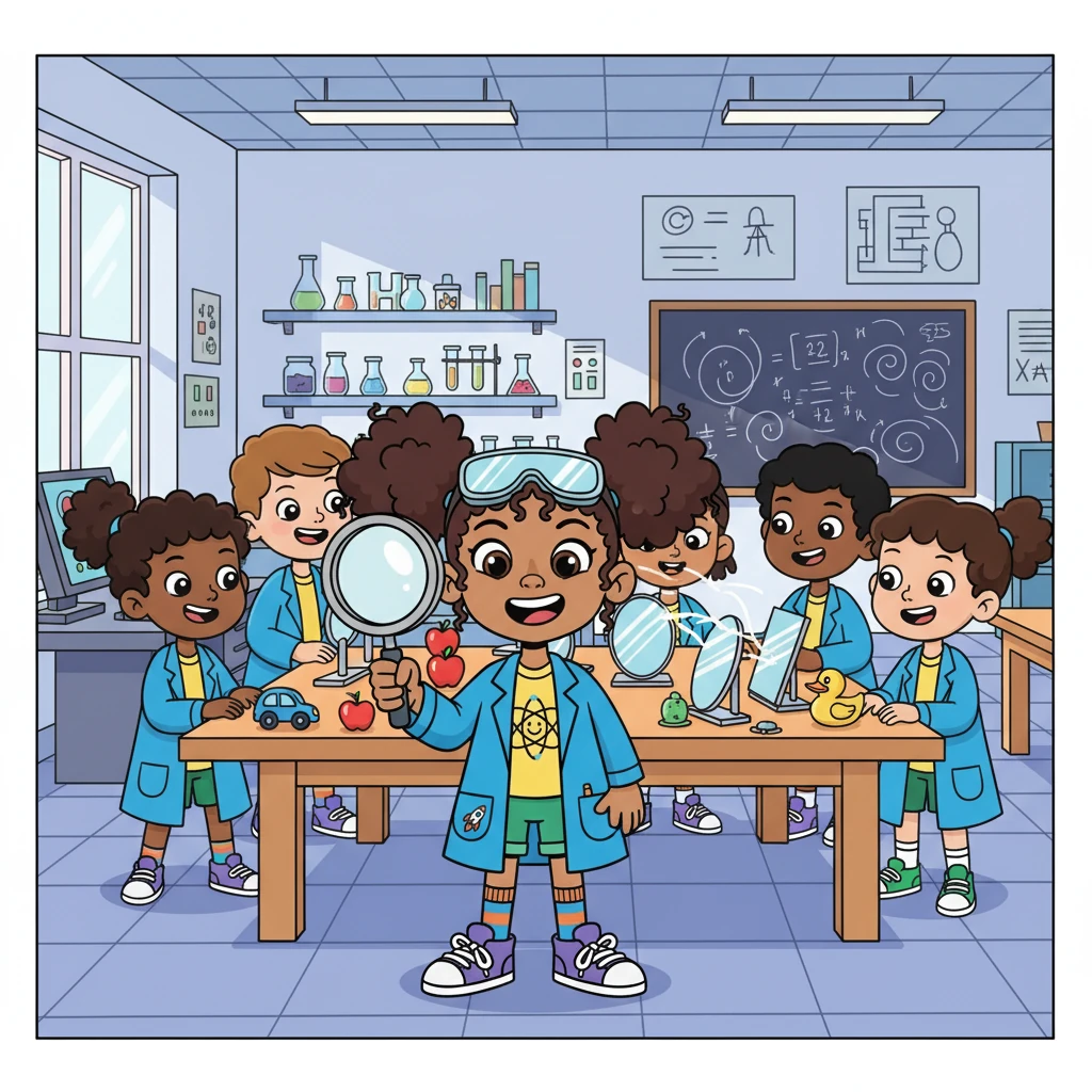 Next, the class moved to the physics lab, buzzing with excitement. They gathered around a table where various mirrors and objects were laid out. Priya and her friends were eager to see how the image changed depending on the distance of the object from the mirrors.