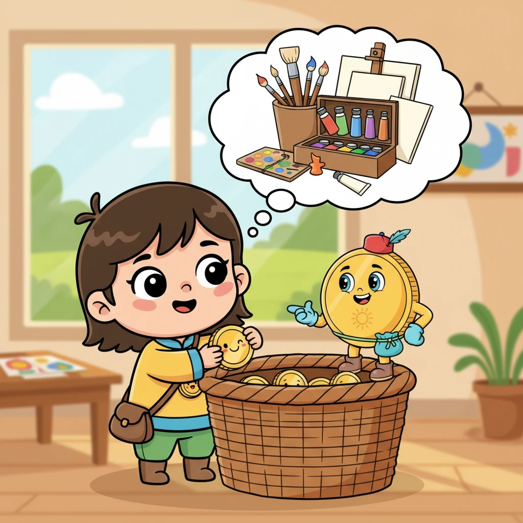 Айару болса, өз ақшасын үлкен арманға жинауды шешті. Ол үлкен, әдемі сурет салу жиынтығын армандады. Айару Тиынбектің айтқандарын есте сақтап, әрбір тиынын қоржынына мұқият салды. Ол болашақтағы арманын елестетіп, қуанышқа бөленді.