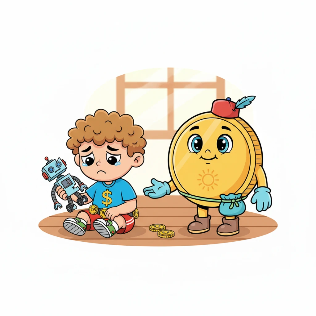 Ернар шыдамсыздық танытып, ақшасын бірден сол кішкентай ойыншыққа жұмсап жіберді. Бірақ ойыншық тез сынып қалды немесе Ернар одан жалығып қалды. Оның көңіл-күйі түсіп, өзін сәл мұңды сезінді. Тиынбек оған мейірімділікпен қарады.