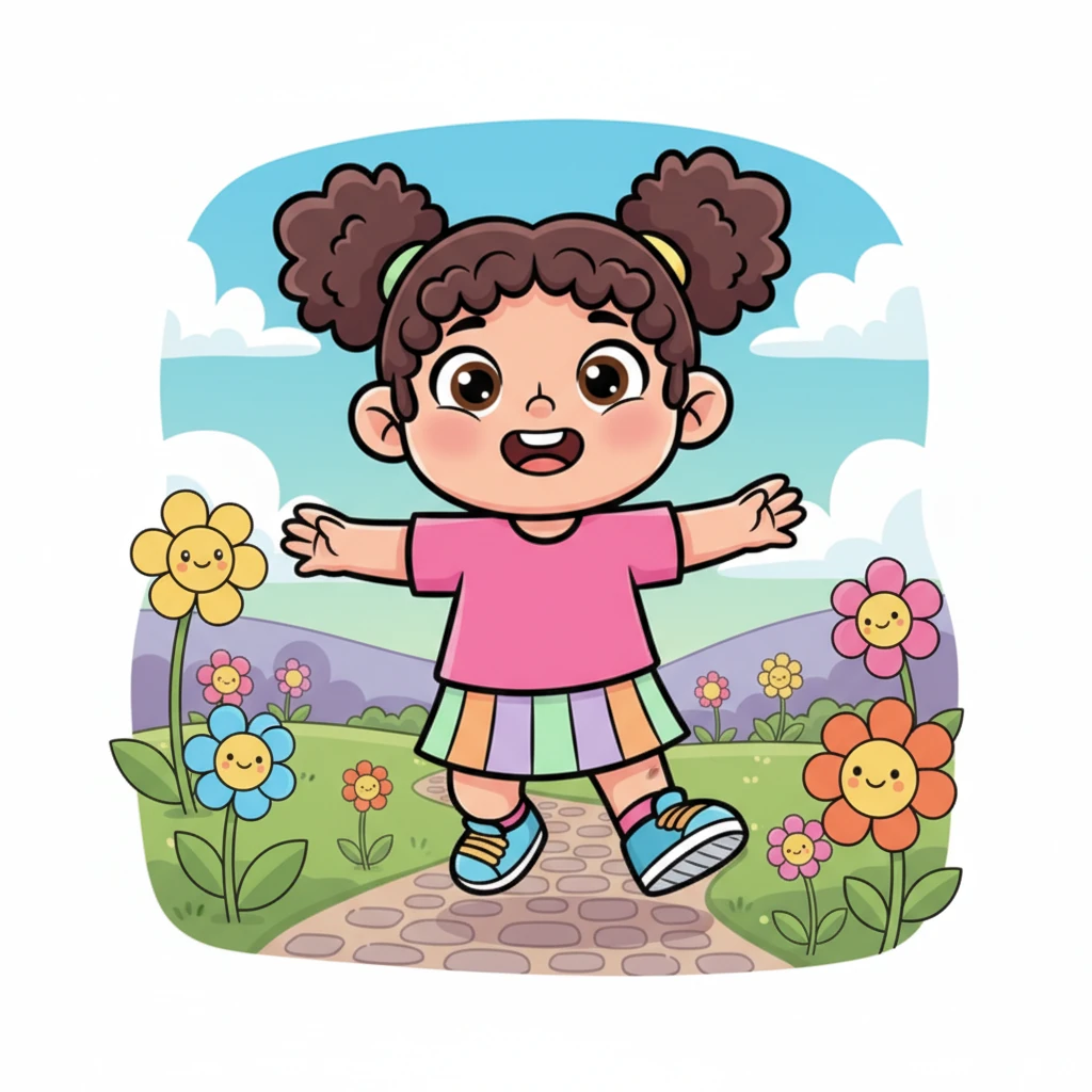 Vicky, a cheerful little explorer with a big, curious smile, is ready for a grand adventure in her colorful world. She loves looking for new things and making new friends with her bouncy steps. Today, she has a very special mission: to find five important sound friends!