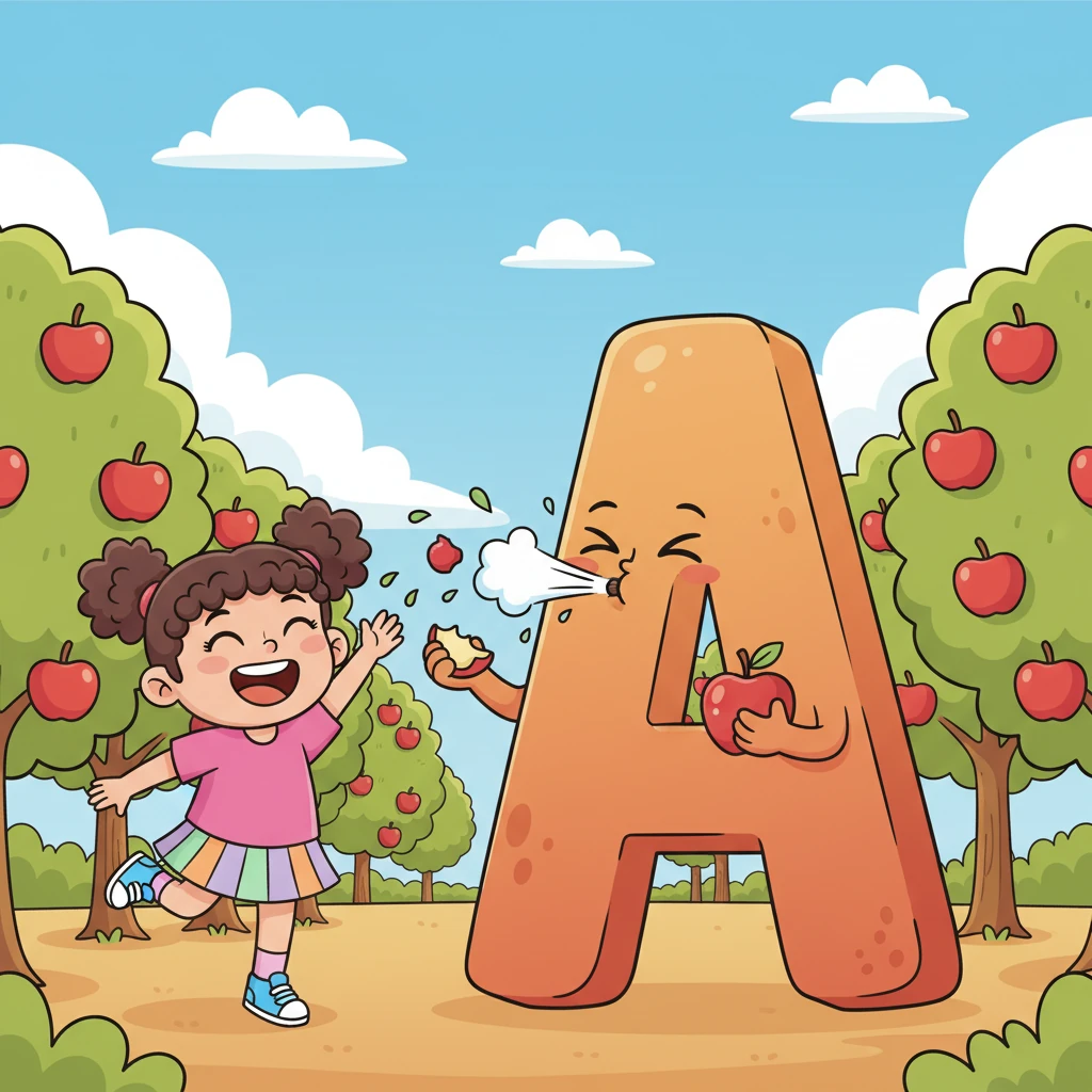 Vicky skips into a sunny apple orchard, where a giant, friendly letter 'A' is happily munching on a big, red apple. Suddenly, 'Aaa-choo!' sneezes the 'A', making a loud sound like in 'apple'. Vicky giggles and waves to her new round friend.