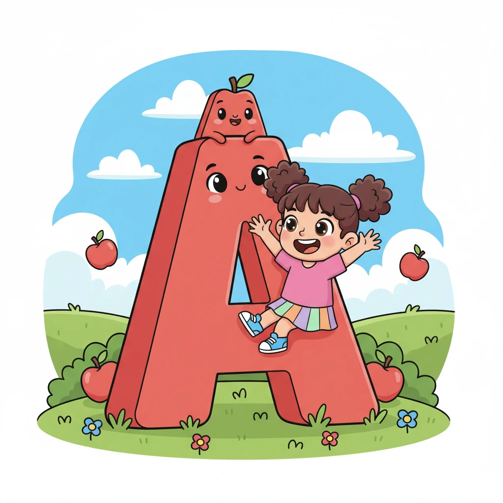 The 'A' invites Vicky to climb its tall, pointy top, which feels just like a little mountain peak. They slide down its smooth sides, shouting 'Aaa-mazing!' all the way to the bottom. Vicky learns that 'A' is for 'apple' and 'amazing' adventures.