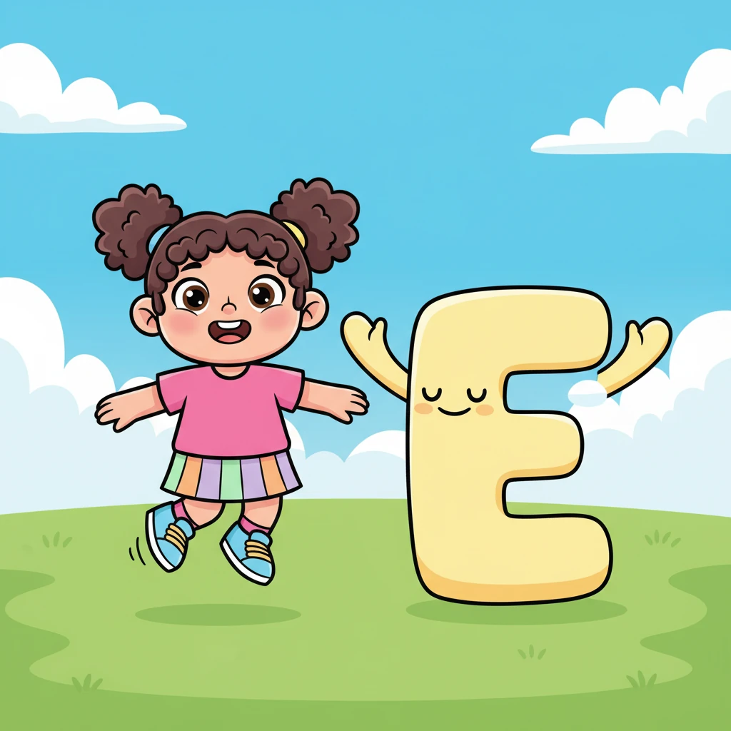 Next, Vicky bounces to a big, green field where a sleepy, smiling letter 'E' is stretching its long arms. 'Eee-yawn!' murmurs 'E', making a soft sound like in 'elephant'. Vicky thinks 'E' looks very elegant as it stretches.