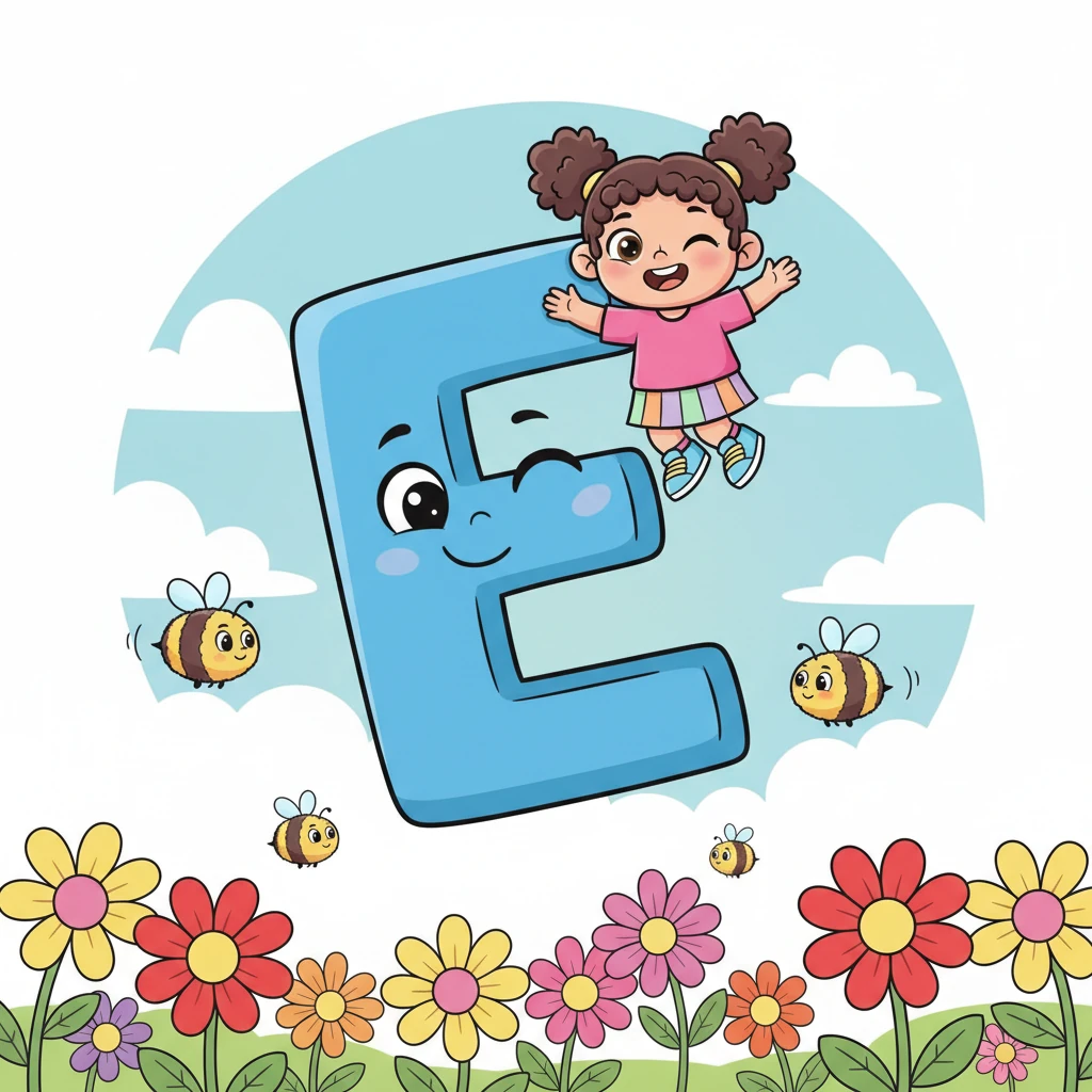 With a gentle wiggle, 'E' lifts Vicky high up to see all the colorful flowers and buzzing bees below. 'Eee-normous!' exclaims 'E' with a happy blink, showing Vicky how grand everything looks from up high. Vicky learns that 'E' is for 'elephant' and 'enormous' views.