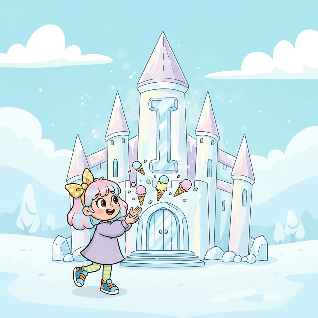 Vicky then tiptoes to a sparkling ice palace, where a tall, proud letter 'I' stands perfectly straight and shimmering. 'Iii-ce cream!' it calls out, making a delightful sound like in 'ice cream'. Vicky's eyes light up with pure delight at the thought.