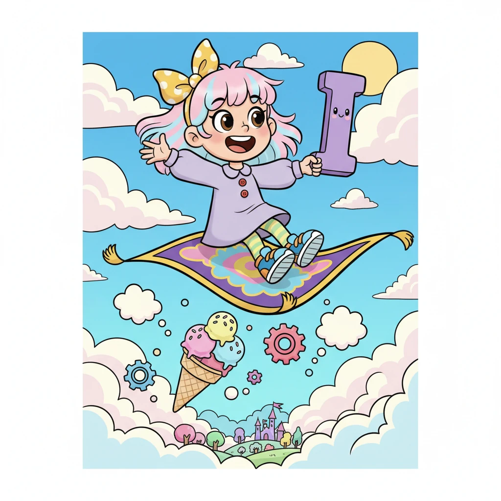 The 'I' shows Vicky how to imagine fantastic things, like flying on an invisible carpet through the sky. They soar through the air together, saying 'Iii-magine that!' with every twist and turn. Vicky learns that 'I' is for 'ice cream' and 'imagine' fun.