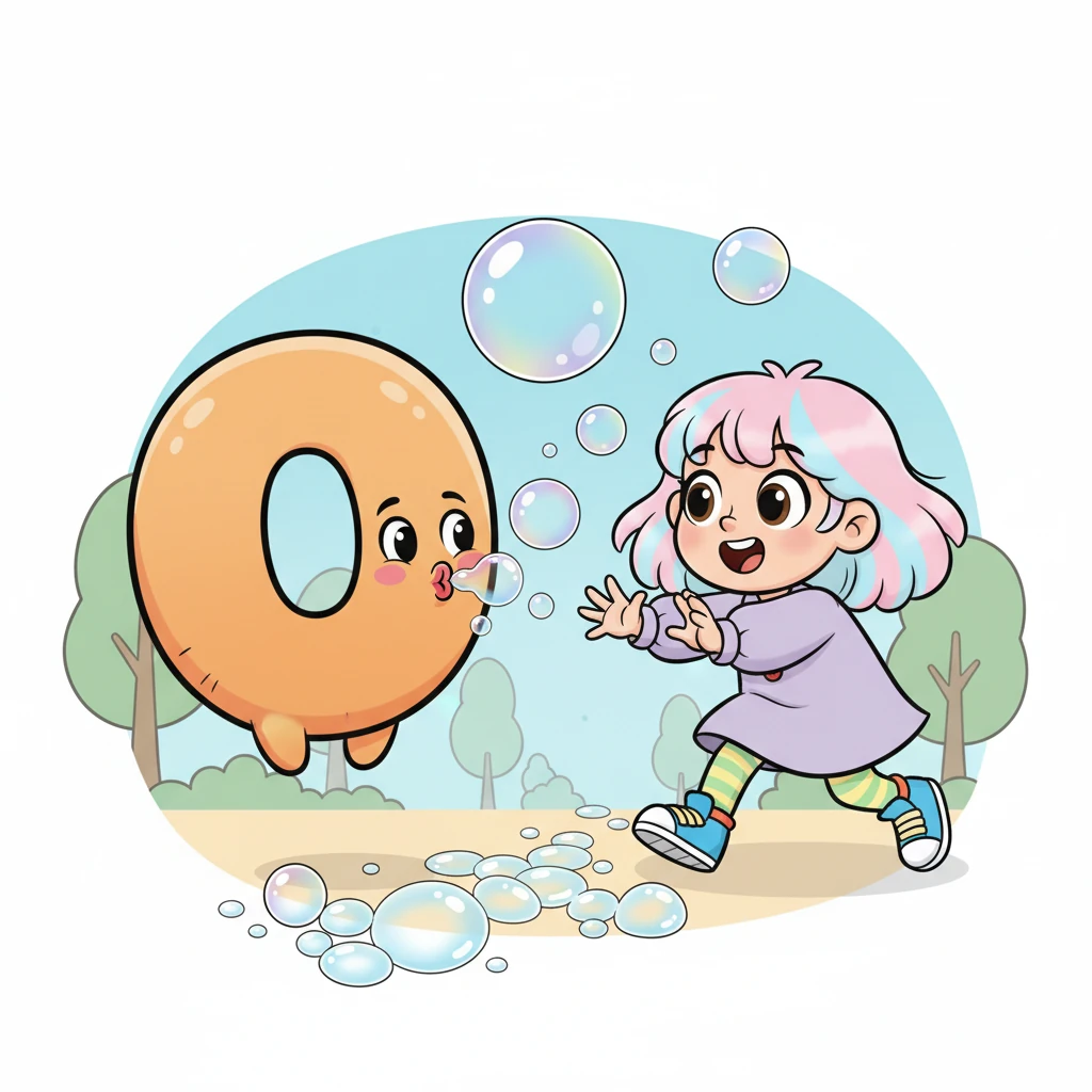 Following a bubbly path, Vicky finds a giant, round letter 'O' blowing enormous, iridescent bubbles that float gracefully. 'Ooo-oh!' it sighs, making a gentle sound like in 'octopus'. Vicky reaches out, trying to catch a shimmering bubble.
