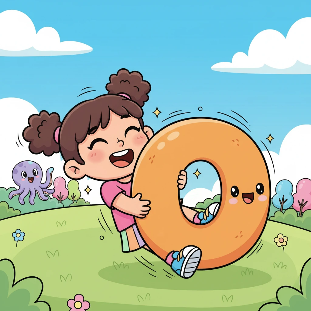 The 'O' invites Vicky to roll around its soft, round shape, like a big, comfy donut. They roll and giggle, shouting 'Ooo-utstanding!' as they spin playfully. Vicky learns that 'O' is for 'octopus' and 'outstanding' fun.