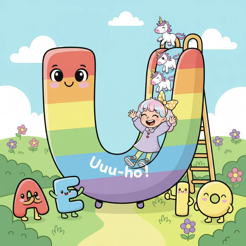 Finally, Vicky discovers a U-shaped rainbow slide where a cheerful letter 'U' is giving rides to tiny, sparkly unicorns. 'Uuu-p and down!' it cheers, making a happy sound like in 'umbrella'. Vicky joins the fun, sliding down with a joyful 'Uuu-hoo!', having found all her wonderful sound friends: A, E, I, O, U!