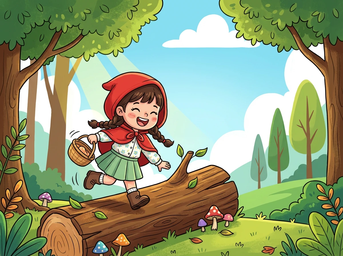 森林深处，传来一阵低沉的吼叫声。小红帽停下脚步，小心翼翼地四处张望，心里有些害怕。