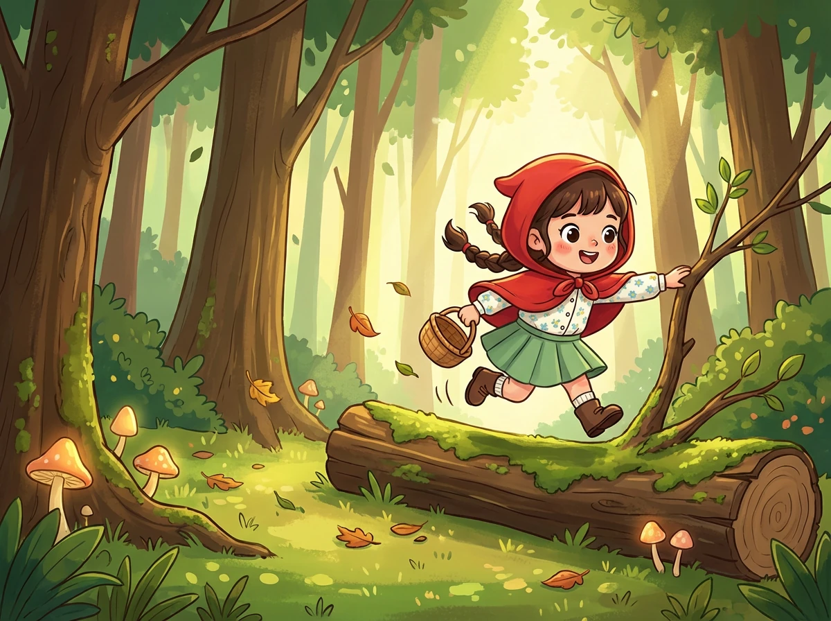 一只凶猛的狼突然从树丛中窜了出来，挡住了小红帽的去路。狼露出了锋利的牙齿，贪婪地盯着她。