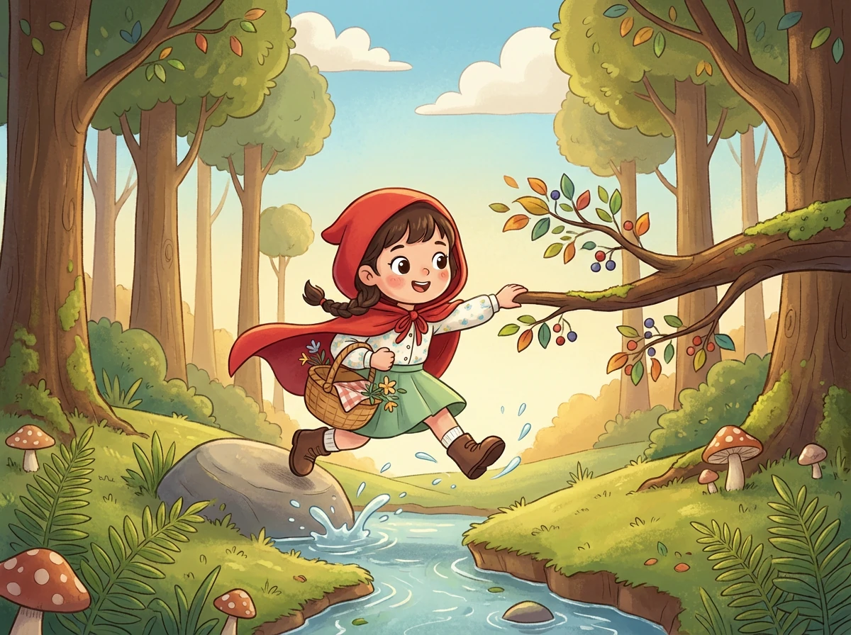 小红帽灵机一动，从篮子里拿出一块香甜的点心，扔给了狼。狼被点心吸引，暂时放松了警惕。