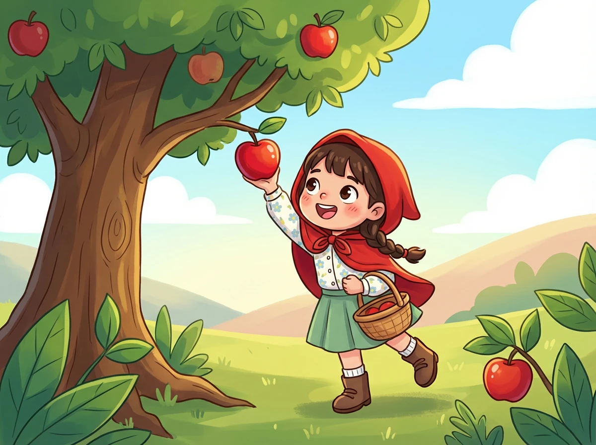 一只巨大的熊出现在小红帽面前，它站起身来，发出震耳欲聋的咆哮。小红帽感到绝望，眼泪开始在眼眶里打转。