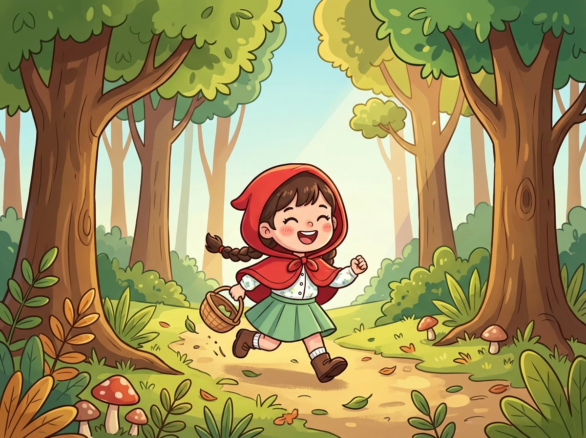 小红帽在树上等到天黑，确定熊已经离开后，才小心翼翼地爬下来。她终于走出了森林，看到了外婆家的灯光，开心地跑了过去。