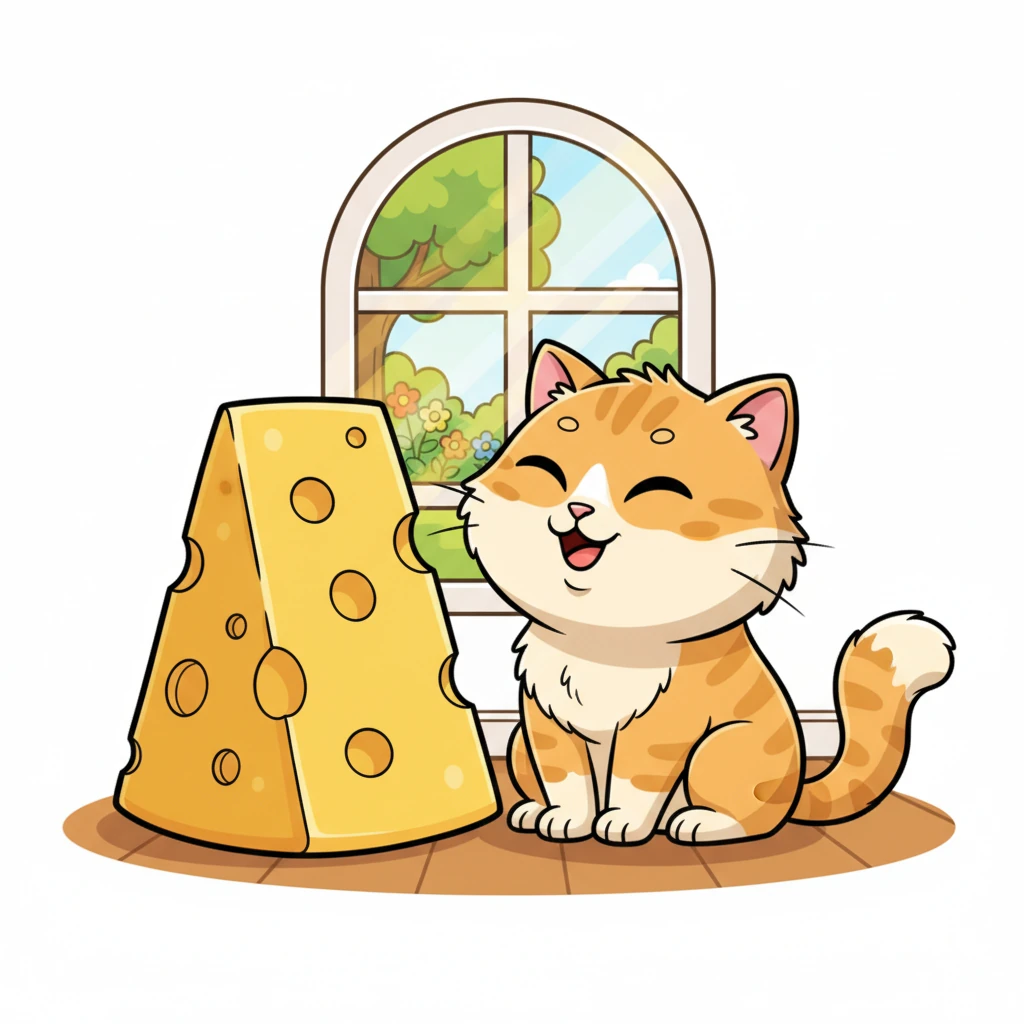 Whiskers, a fluffy orange cat with bright green eyes, sat proudly beside a giant, golden wedge of Swiss cheese. He purred contentedly, his tail swishing gently, dreaming of delicious cheesy nibbles. The sun streamed through the window, making his fur glow.