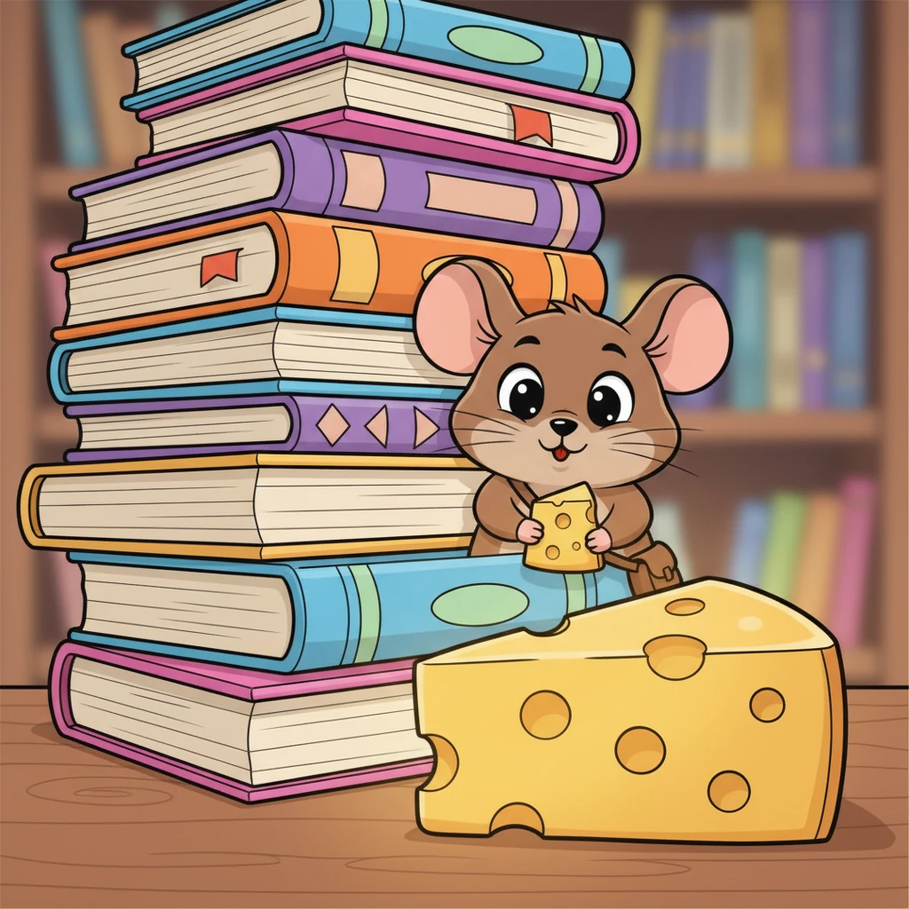 Suddenly, two tiny, shiny eyes peeked from behind a tall, wobbly stack of colorful books. It was Pip, a mischievous little brown mouse, twitching his whiskers with a plan. He eyed the magnificent cheese with a hopeful squeak.