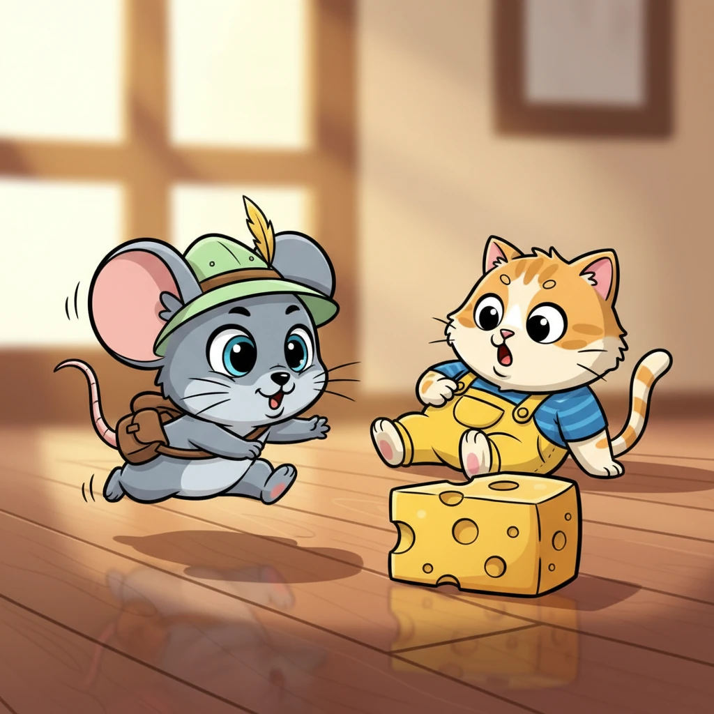 With a daring dash, Pip scurried across the polished wooden floor, a determined glint in his eye. He was surprisingly fast, a tiny blur heading straight for Whiskers' prized possession. The cheese looked bigger and more tempting with every tiny step.