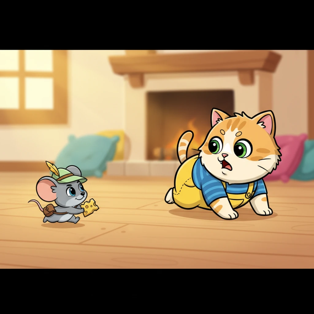 Whiskers blinked his big green eyes open, startled by the sudden movement. His ears swiveled, then flattened in surprise as he saw the audacious mouse making off with a crumb. His contented purr turned into a low growl.