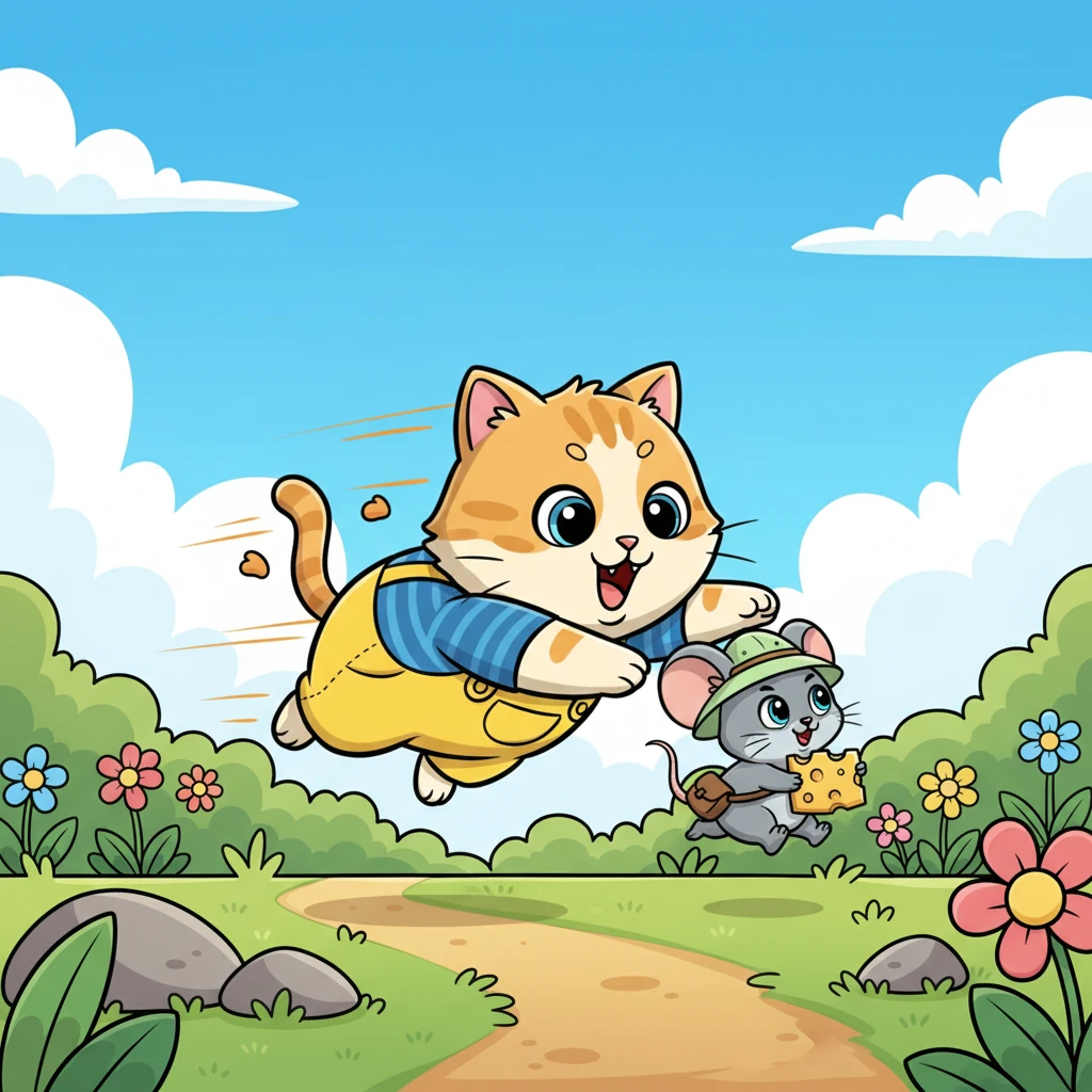 "Mrow!" Whiskers let out a playful but firm meow, launching himself forward in a comical pounce. His paws stretched out, ready to gently scoop up the tiny thief. The chase was on, a flurry of orange fur and tiny brown legs.