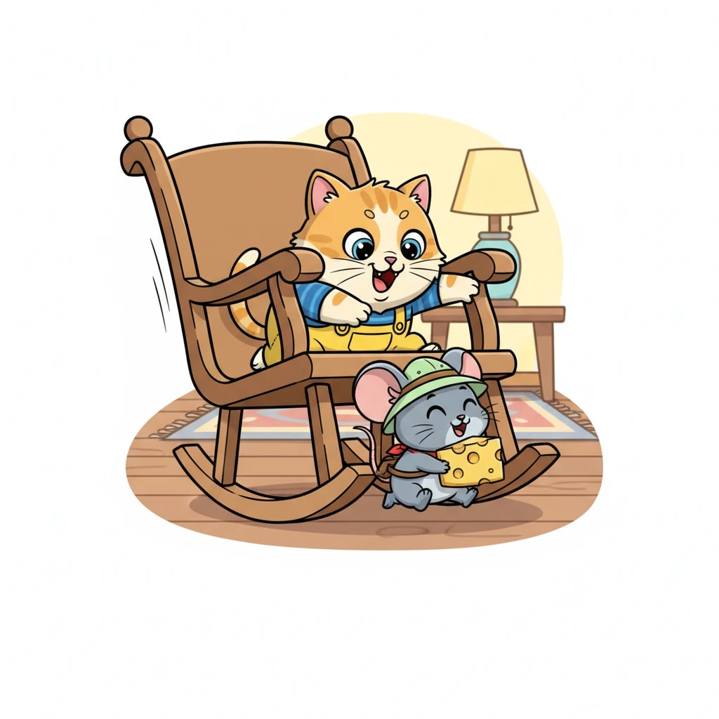 Pip, clutching a surprisingly large chunk of cheese, squeaked in delight and accelerated. He zipped under a rocking chair, narrowly escaping Whiskers' playful swipe. The cheese was heavy, but the reward was worth it!