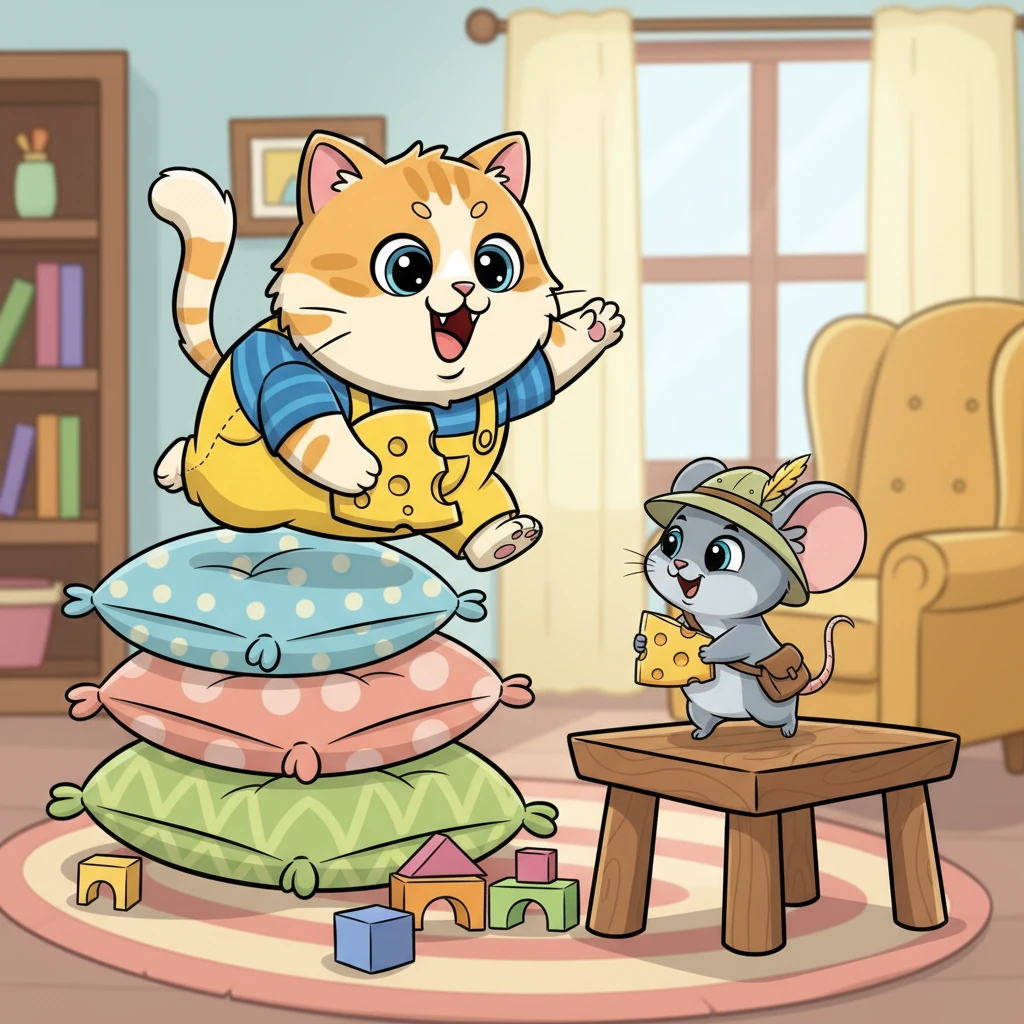 The chase led them on a whirlwind tour of the living room. Whiskers bounded over cushions, his tail a fluffy question mark, while Pip skillfully navigated through the forest of table legs and toy blocks. It was a joyful, energetic pursuit.