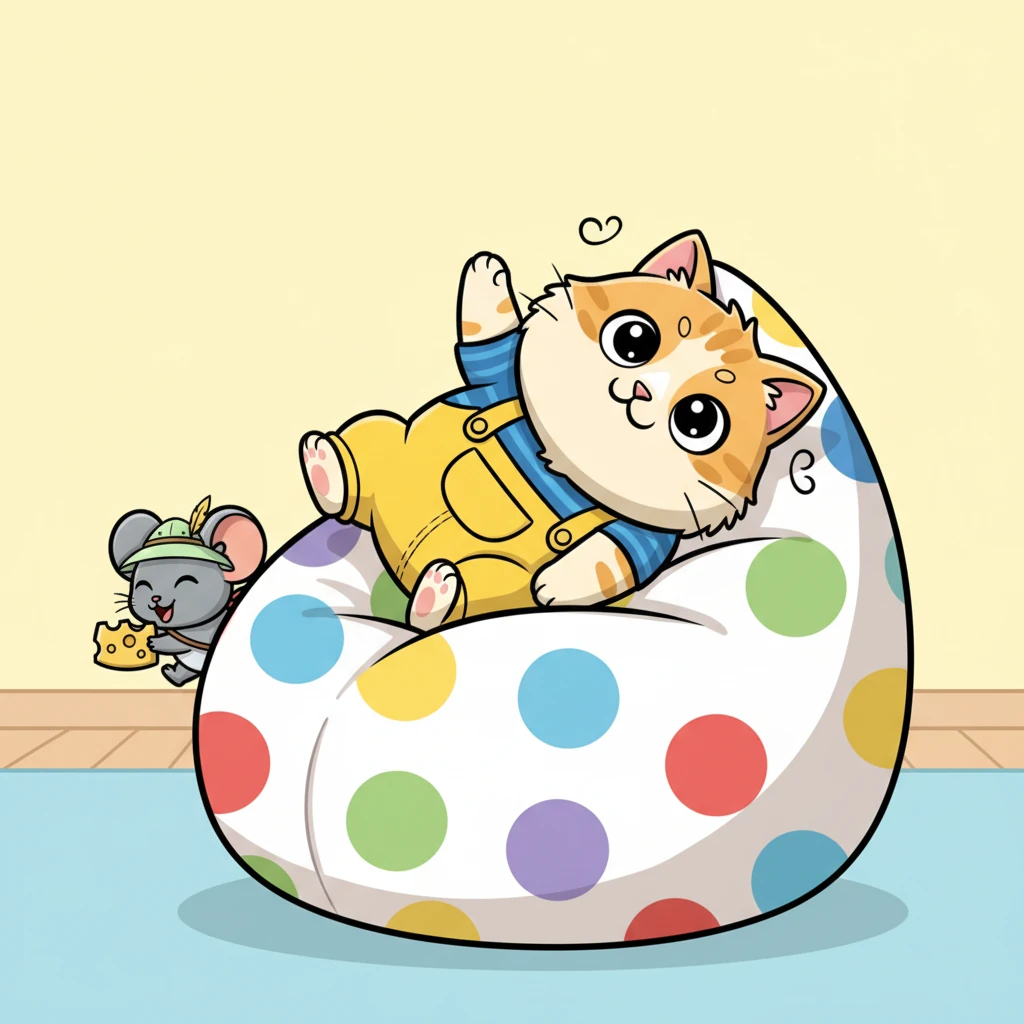 Whiskers, with an exaggerated leap, nearly caught Pip as the mouse darted behind a giant, polka-dotted beanbag. The cat tumbled playfully into the soft fabric, emerging with a comical, slightly dizzy expression. Pip giggled from his hiding spot.