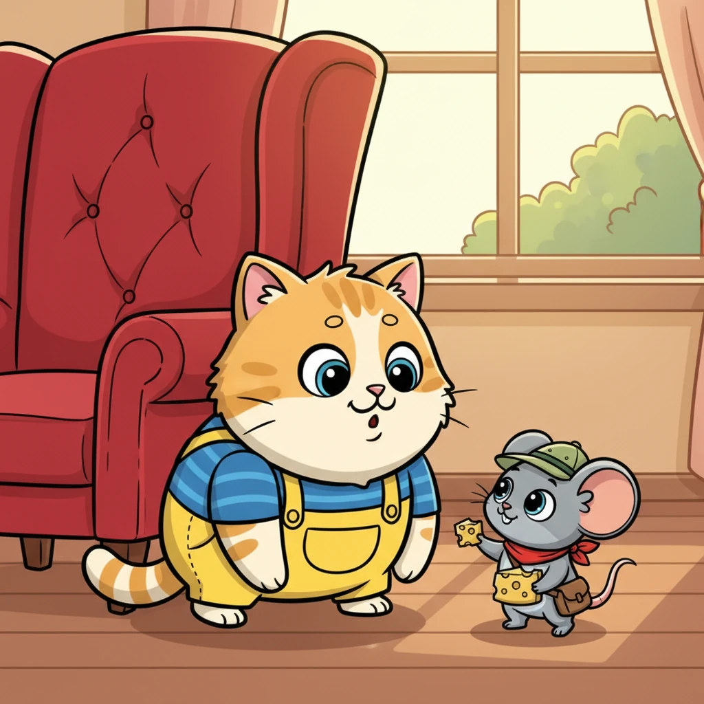 Finally, Whiskers cornered Pip by the big, comfy armchair. Pip, still clutching his cheese, looked up at the big cat with wide, innocent eyes. He bravely offered a tiny piece of his cheesy treasure to Whiskers.