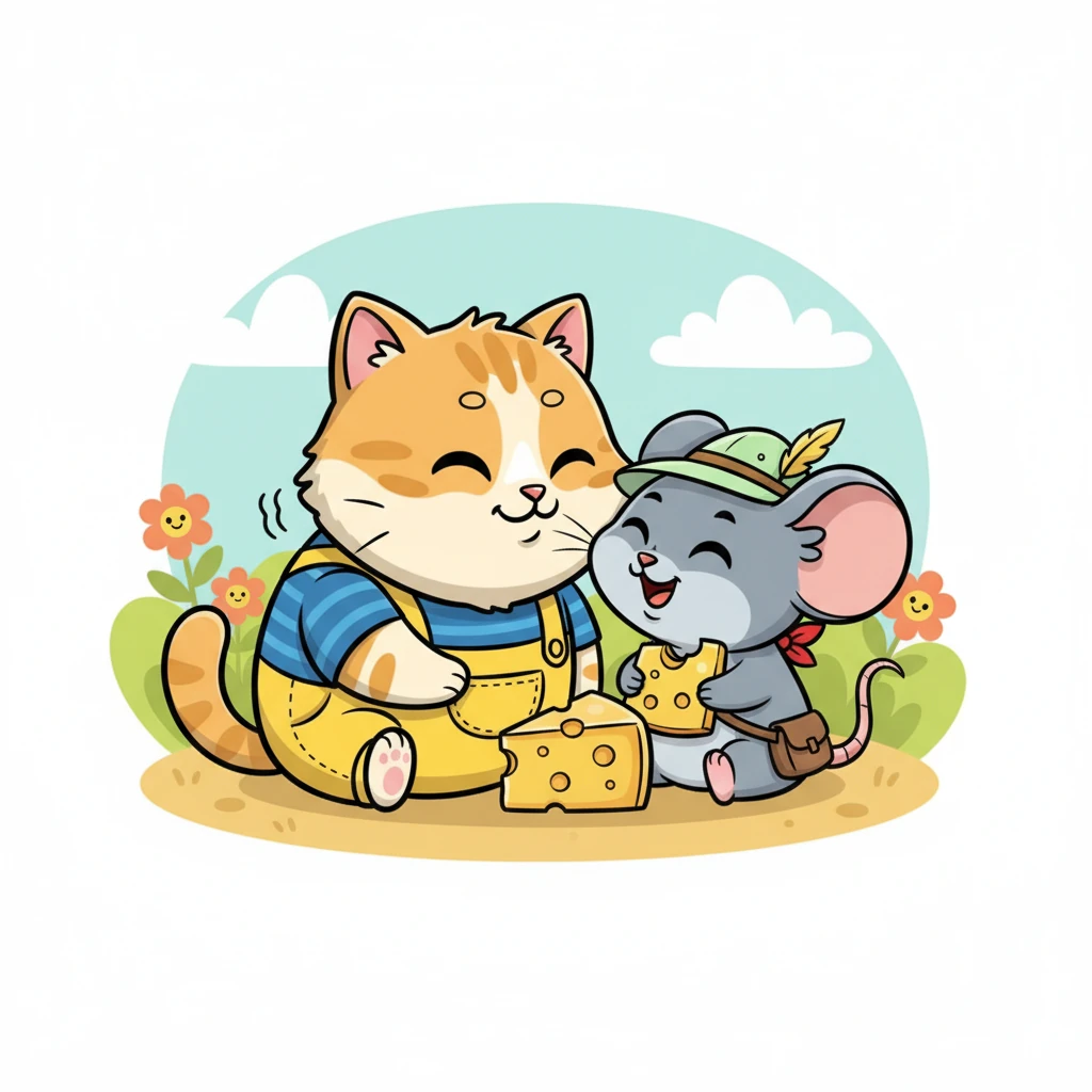 Whiskers looked at the offering, then at Pip, and a slow, warm purr rumbled in his chest. He gently nudged the little mouse. Together, they sat side-by-side, happily nibbling on the delicious cheese, new friends in a cheesy truce.