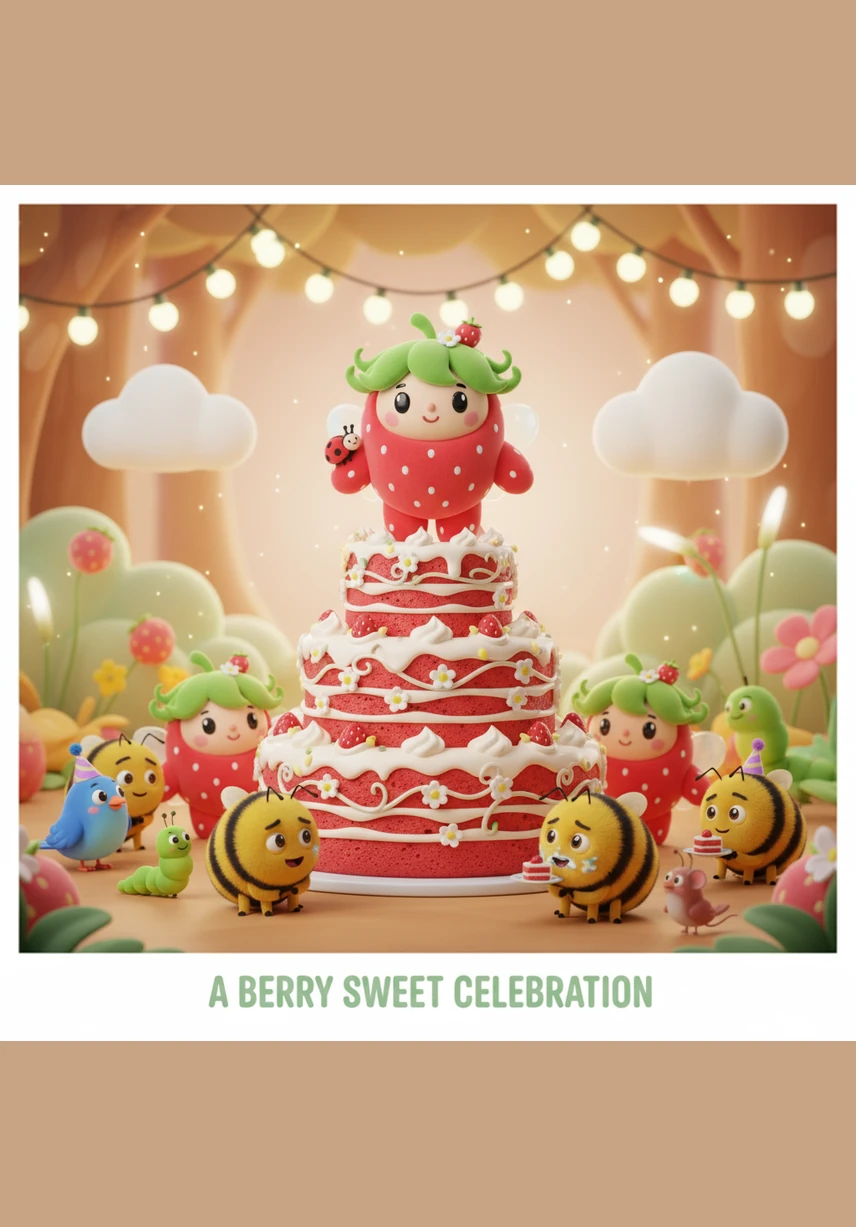 The centerpiece of the celebration is a magnificent three-tier cake made of whipped cloud-cream and wild forest berries. It sits atop a polished toadstool, smelling of sweet nectar and summer sunshine.