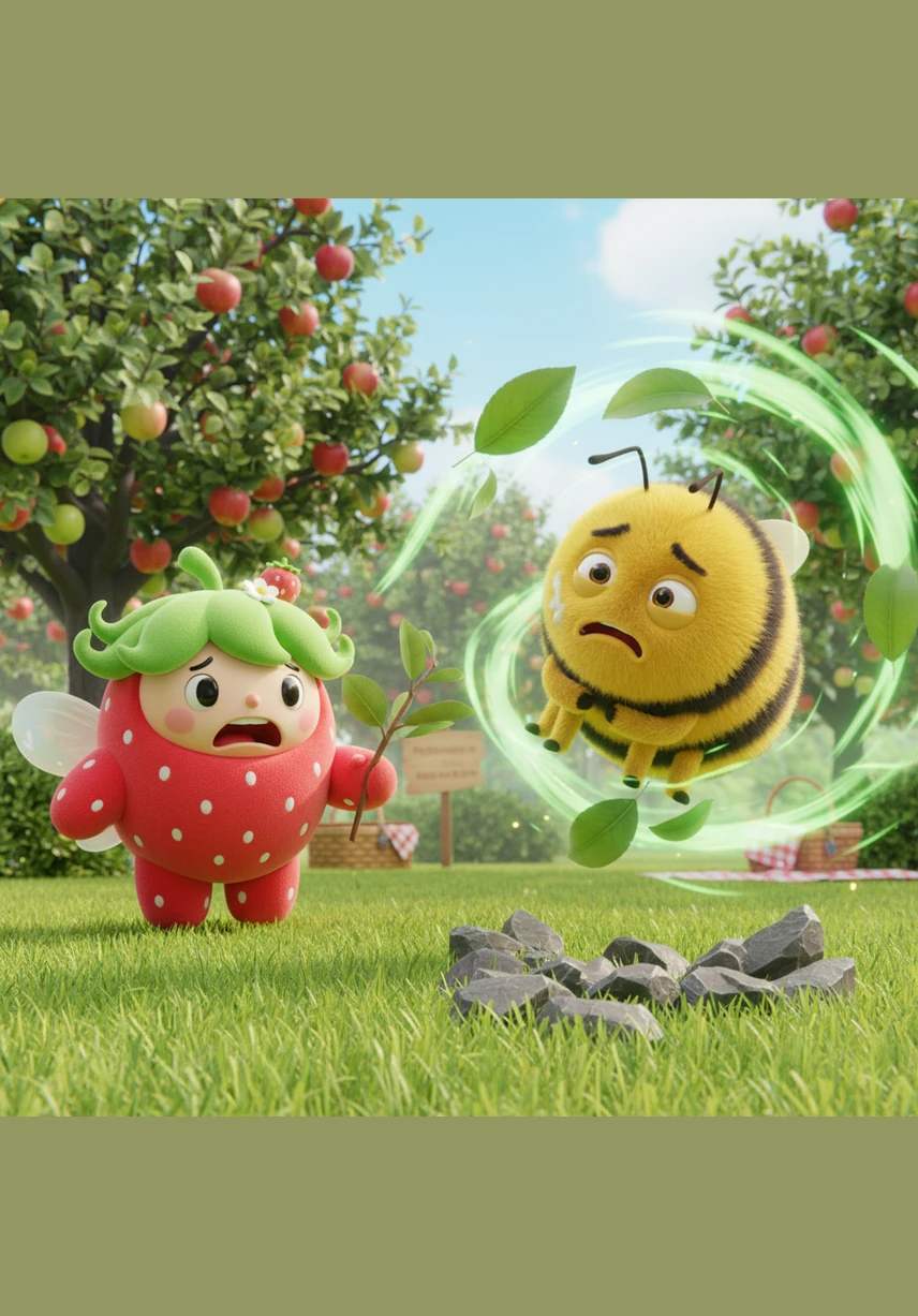 Suddenly, a mysterious gust of wind blows through the orchard, extinguishing the dew-drop lanterns and plunging the clearing into darkness. The fairies flutter their wings in confusion as a strange rustling sound echoes through the leaves.