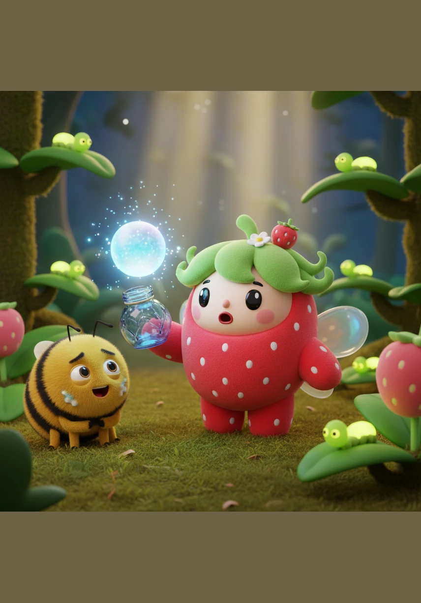 When the glow-worms relight the area, a collective gasp fills the air. The toadstool is empty, and the beautiful Berry-Cream Cake has completely vanished, leaving behind only a few scattered crumbs and a sticky blue smudge.