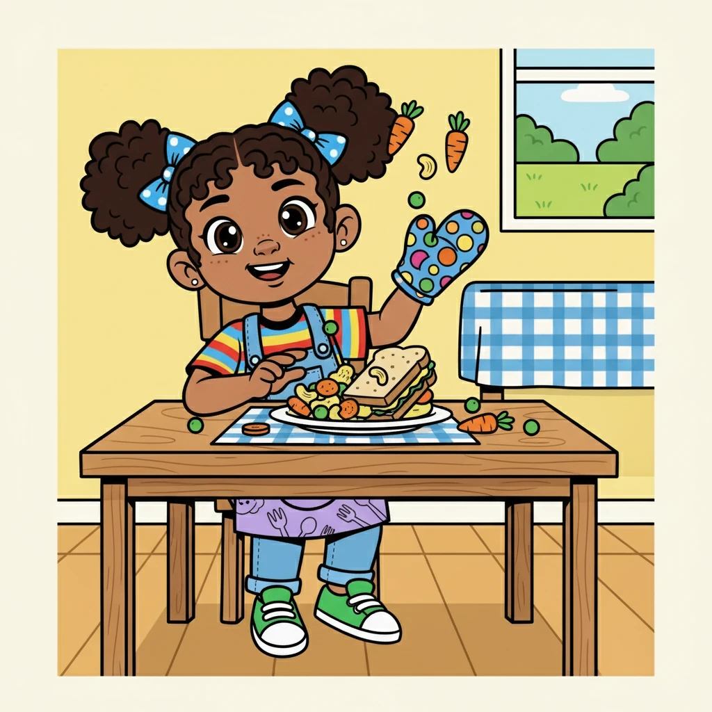 At the table, Selena’s plate was filled with colorful foods. There were carrots, peas, and a yummy sandwich. Selena, however, had other ideas about how to enjoy her meal.