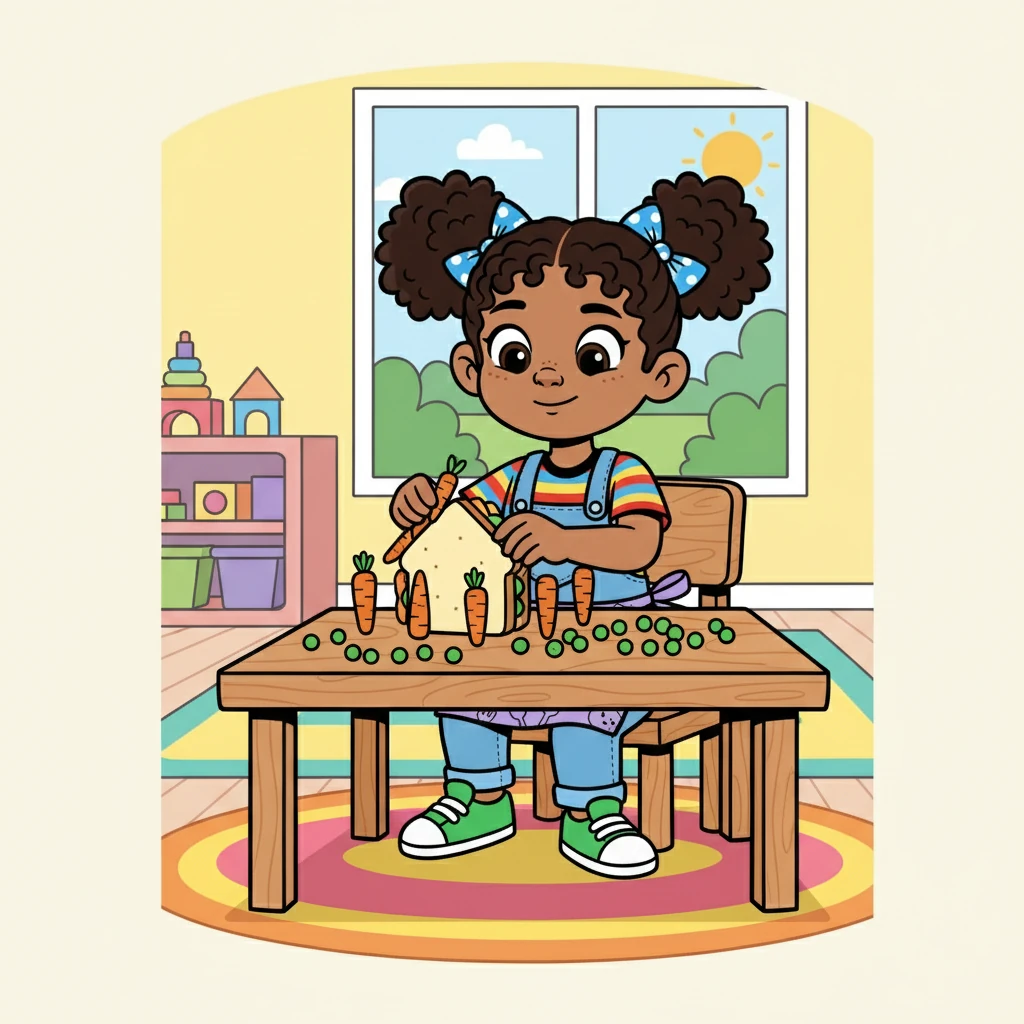 Instead of eating, Selena began to play. She made a little house out of her sandwich and used the carrots as walls. The peas became tiny, green balls for a game.