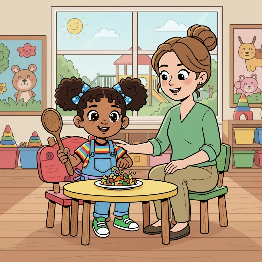 Her teacher, Miss Lily, noticed Selena's playful approach. She smiled gently and sat beside Selena. Miss Lily understood that Selena was learning about her food in her own way.