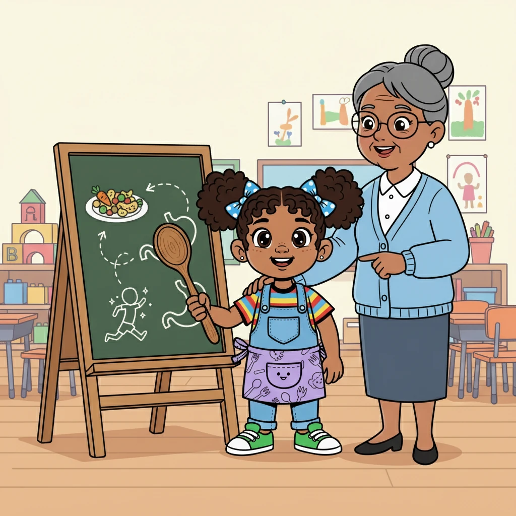 Miss Lily explained that it's important to keep the food on the plate and in our tummies. She showed Selena how the food gives her energy to play and learn.