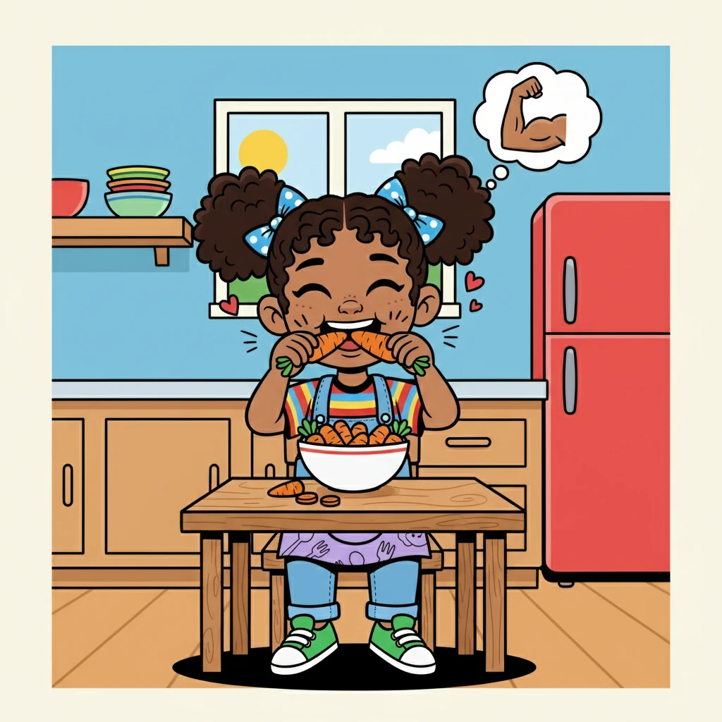 Selena decided to try eating her carrots first. She took a bite and crunched happily. The carrots tasted sweet and made her feel strong.