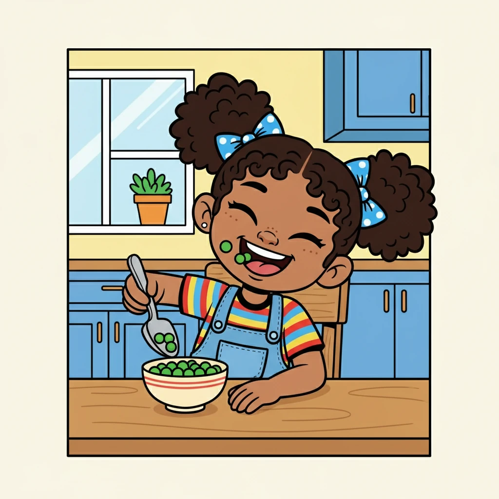 Next, she ate her peas. She used her fork like a tiny shovel, scooping up the peas one by one. She giggled as they rolled around on her tongue.