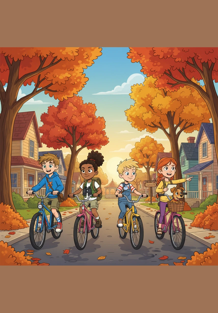In the quiet town of Oakhaven, Leo and his three best friends ride their bikes through the fading amber light of a late autumn afternoon. The air smells of dry leaves and woodsmoke, but an unsettling chill lingers even as the sun hangs low in the sky.