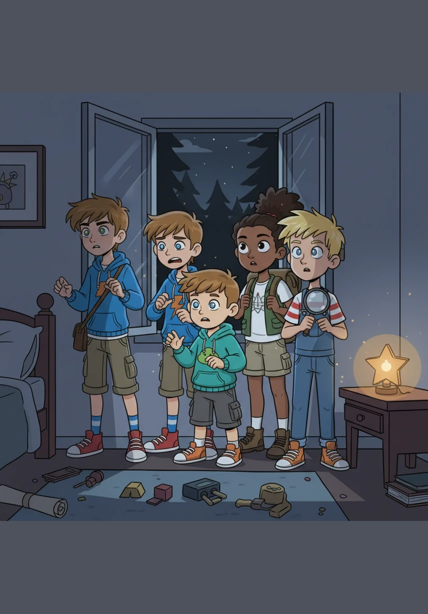 That night, the town’s streetlights begin to flicker and buzz with a frantic energy that matches the beating of the children's hearts. From the safety of their bedroom windows, they spot a tall, spindly figure with glowing violet eyes watching them from the darkness.